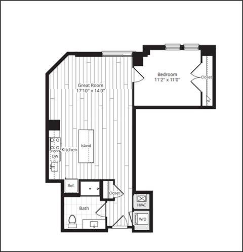 Floor plan for 1 bed, 1 bath, 767 sqft